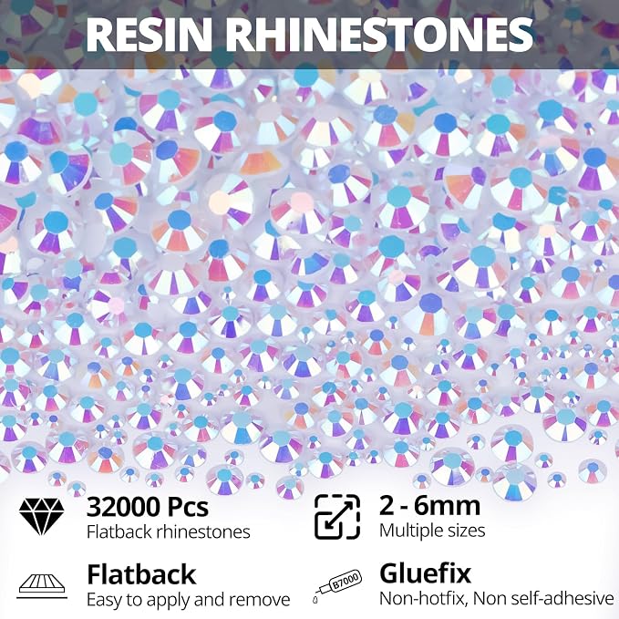 32000Pcs White AB Rhinestones for Bedazzling, Iridescent Assorted Sizes 2-6mm - Image 2