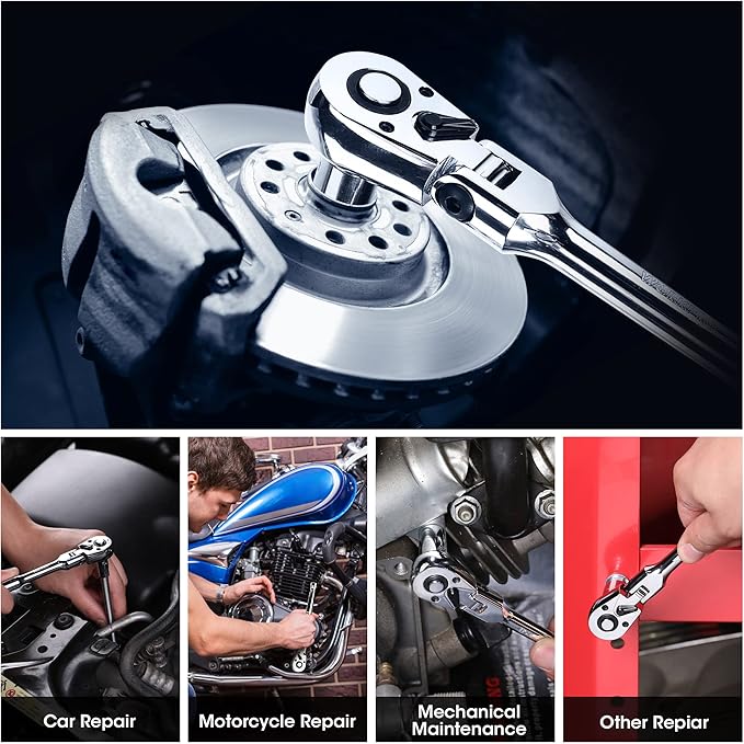WORKPRO 3/8" Drive 72-Tooth Flex Head Ratchet with Chromium Plating Quick Release Reversible Design, 5 Degree Swing