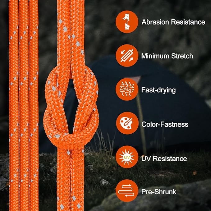 Reflective Paracord Rope 850Ib, 50/100/200/500/1000ft 4MM 11 Strand Strong Heavy-Duty Parachute Spool Cord, para Cord Lanyard for Clothsline, Hammock, Camping, Hiking, Survival, Orange 100FT