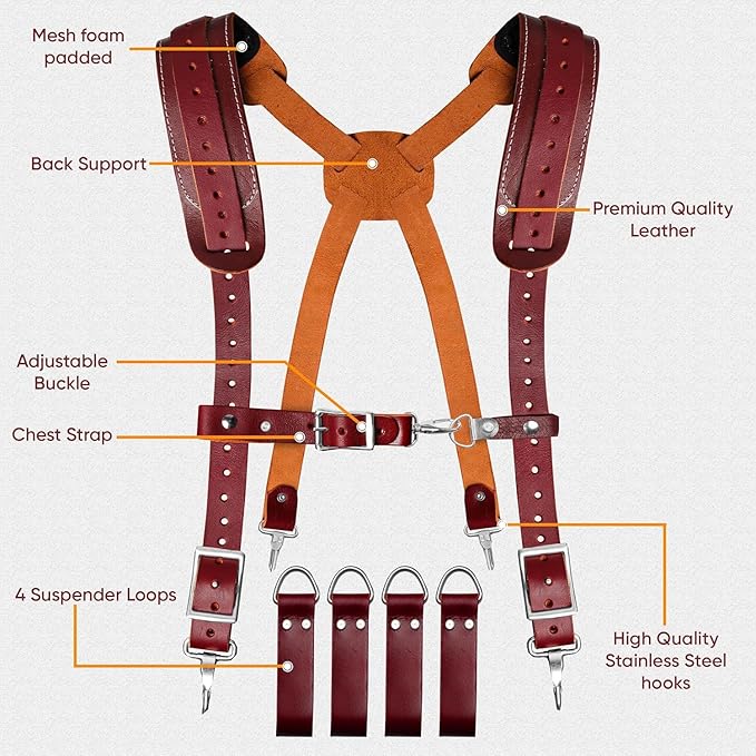 Heavy Duty 19 Pocket Leather Tool Belt with Suspender Multipurpose Pockets Work Organizer Pouch Framing Fat Lip Tool Holder for Carpenter, Construction, Handyman, and Electrician Tool Belt Set