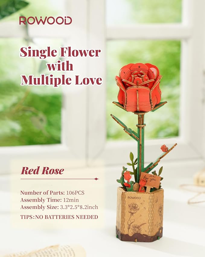 rowood 3D Puzzle Wooden Flower, DIY Artifical Flower Building Toy Set Craft Kit - Image 3