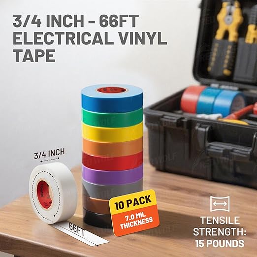RED WOLF 10 Pack Colored Electrical Tape 3/4 Inch x 66 Ft Industrial Grade UL/CSA Listed 7 Mil Thick Flame Retardant High Temp Waterproof Electrical PVC Tape Electric Super Vinyl Rated 600V