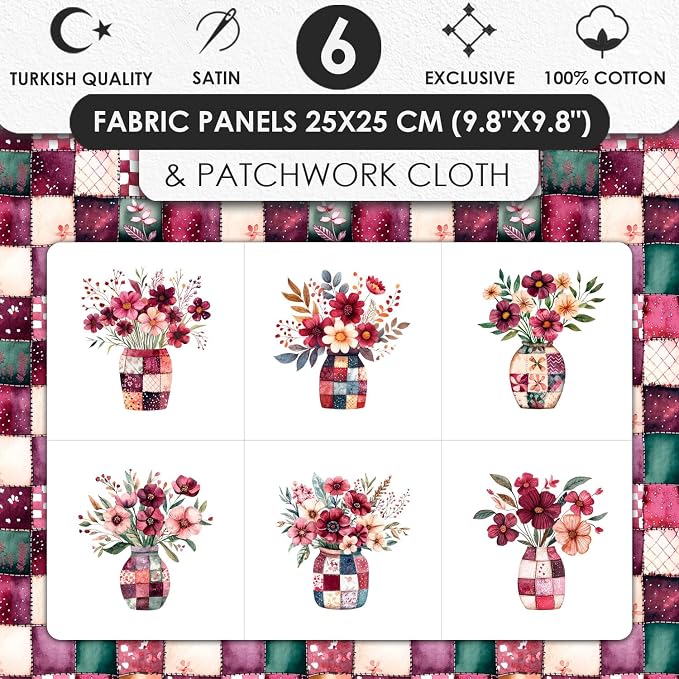 Cotton Satin Fabric Panel with Floral Patchwork Designs – 6 Printed Panels - Image 2