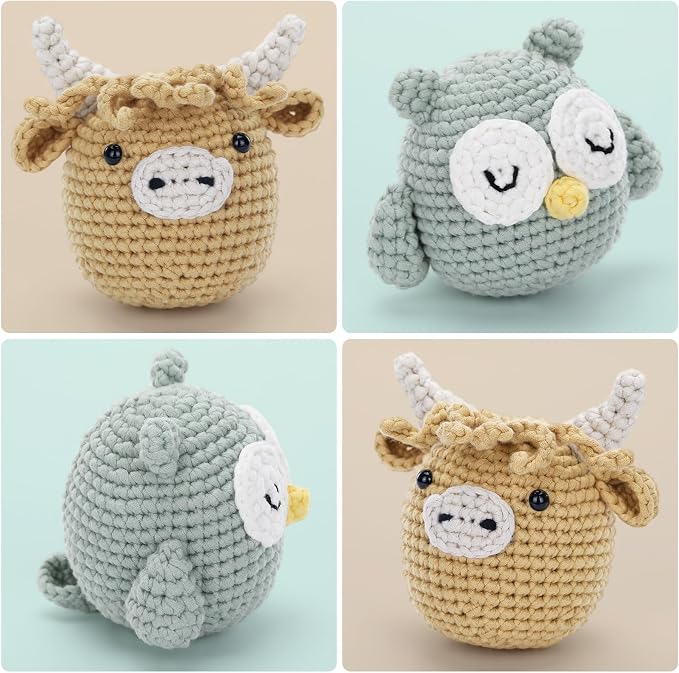 CrochetBox Crochet Kit for Beginner, Highland Cow and Owl Learn How to Crochet - Image 2
