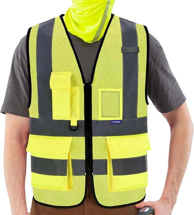 A-SAFETY High Visibility Mesh Safety Reflective Vest with Pockets and Zipper,Hi Vis Viz Reflective Safety Vest(Yellow Mesh XL)