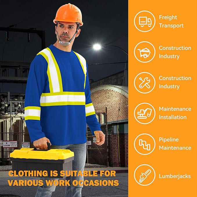 Hi Vis Safety Long Sleeve Shirts，High Visibility Class 3 T Shirts with Reflective Strips and Pocket, Quick Dry Mesh Construction Work Shirt for Men/Women (Blue,5XL)