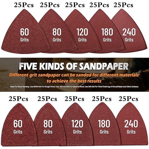260pcs Oscillating Tool Sanding Pads Kit, 5pcs Triangle Sanding Pads and 5pcs Finger Sanding Pad, 250pcs Multitool Sandpaper Set, Multi Tool Sanding Attachment Fit for Finishing Wood