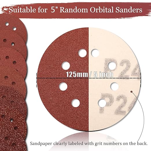 100 PCS 240 Grit 5 Inch Sanding Discs, Hook and Loop Sandpaper for Random Orbital Sander