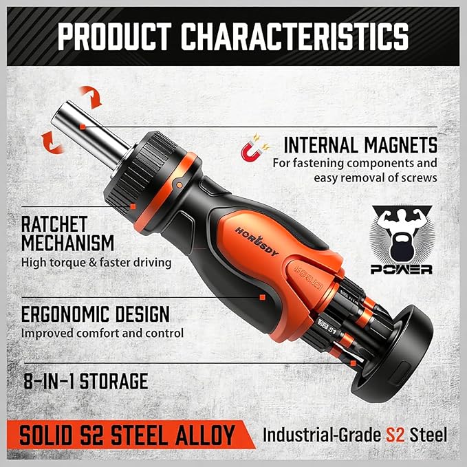 Magnetic Portable Screwdriver Bit Set: 8-in-1 Ratcheting Screw Driver Includes 1/4”Bit Driver Screwdrivers Holder, 7 Screwdriver Bits with Phillips, Slotted, Square, Hex, for Garage & Daily Repair
