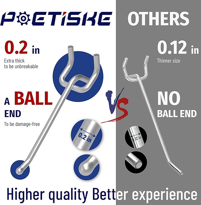 unp POETISKE Pegboard Hooks 0.204'' Diameter 8 inch Silver Metal Ball Ending Garden Tool Organizer Fits 1/4’’ Pegboard Garage Wall Hooks 50PCS