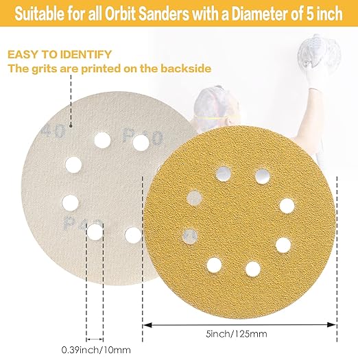 100PCS 5 Inch 8 Hole Sanding Discs 120 Grit,Gold Round Hook and Loop Sandpaper for Random Orbital Sander