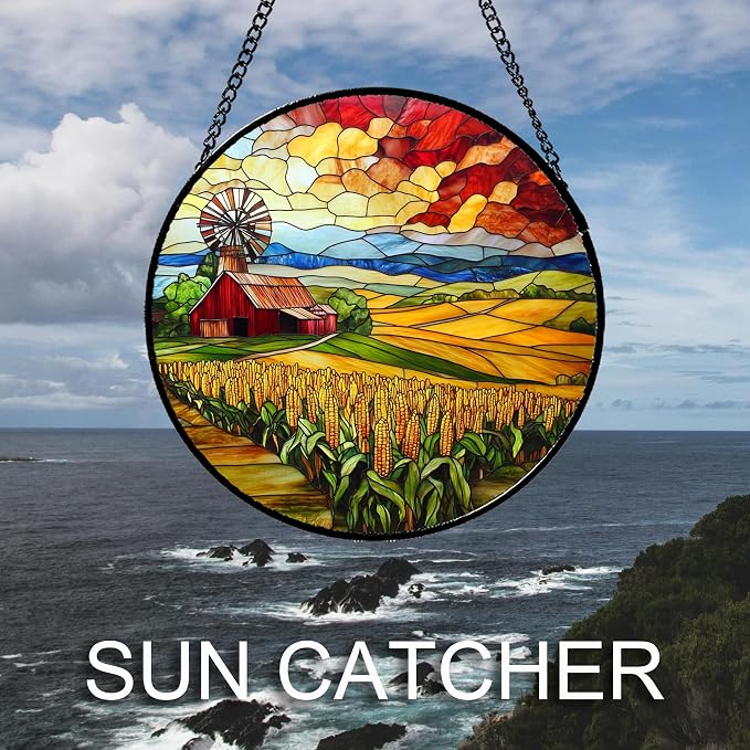 Stained Glass Window Hanging Autumn Farm Corn Harvest Landscape Large 15" - Image 6