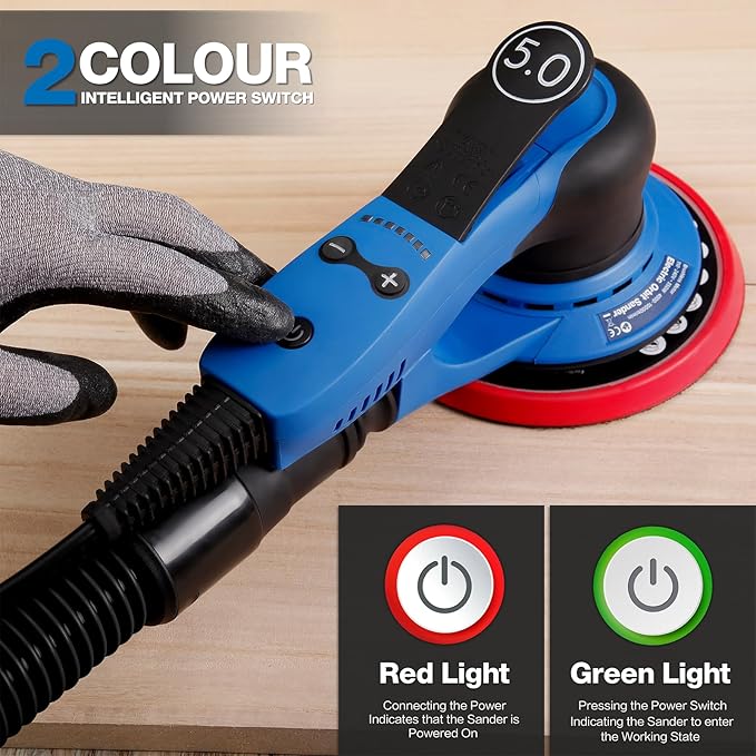 Electric 5mm Random Orbital Sander, Brushless 350W Low Vibration Orbital Sander, 6Inch Backing Pad, 7 Variable Speed (4000-10000RPM), Handheld Sanders for Surface Refinish, Woodworking, Cord 5M