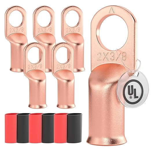 AIRIC UL Listed 2 AWG - 3/8" Battery Cable Lugs, Heat Shrink Ring Terminals End, Copper Cable Ends, Wiring Connector Terminal, Electrical Crimp Connectors, Wire Lug for 2 Gauge Wires, 6 PCS