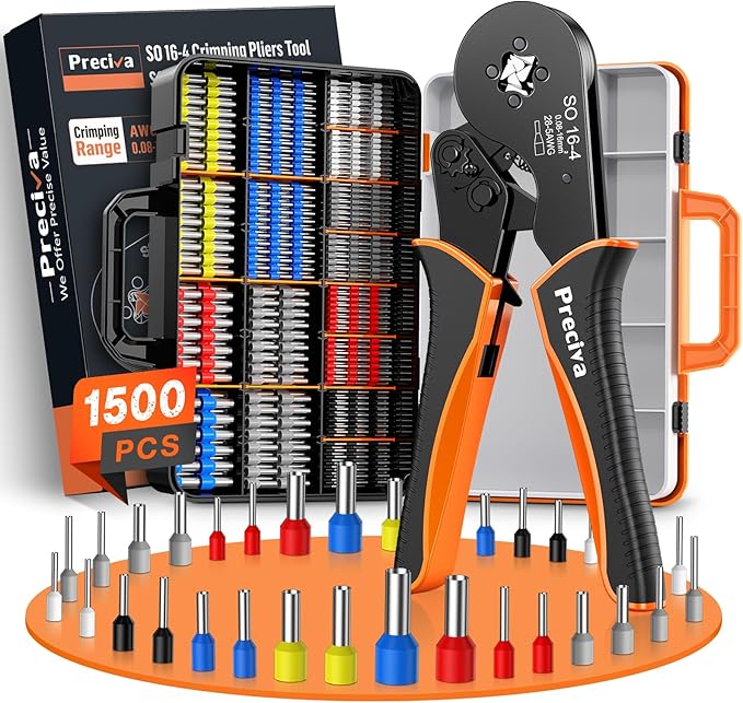 Preciva Ferrule Crimping Tool Kit with 1500PCS Wire Connectors, Ratchet Jaw Wire Crimping Pliers for AWG 28-5 Cable connectors