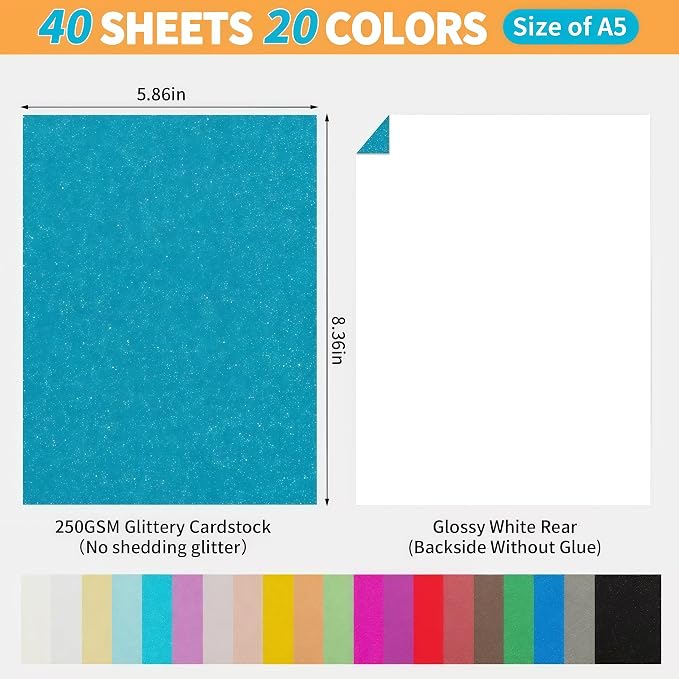 20 Colors 40 Sheets Glitter Cardstock, Cardstock Paper, Premium Sparkly Cricut - Image 3