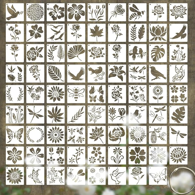 80 Pcs 3 Inch Small Nature Stencils, Reusable Flower Bird Butterfly Templates by Unknown