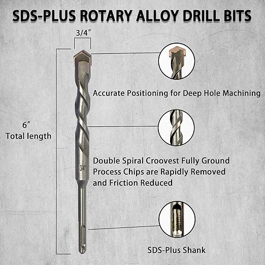 Direko 5-Piece 3/4 inch x 6 Inch SDS Plus Rotary Hammer Drill Bits Carbide Tipped Concert Drill Bits for Concrete, Brick, Cement Walls, Stone, Hammer Drill Bits for Concrete