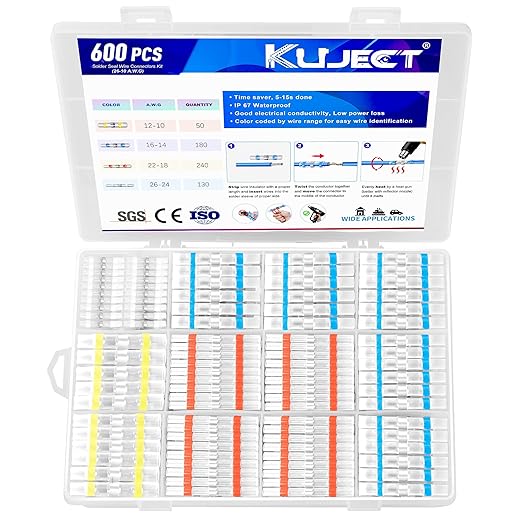 Kuject 600PCS Solder Seal Wire Connector Kit, Solder Seal Butt Terminal Waterproof Insulated Electrical Wire Splice for Automotive Marine Boat