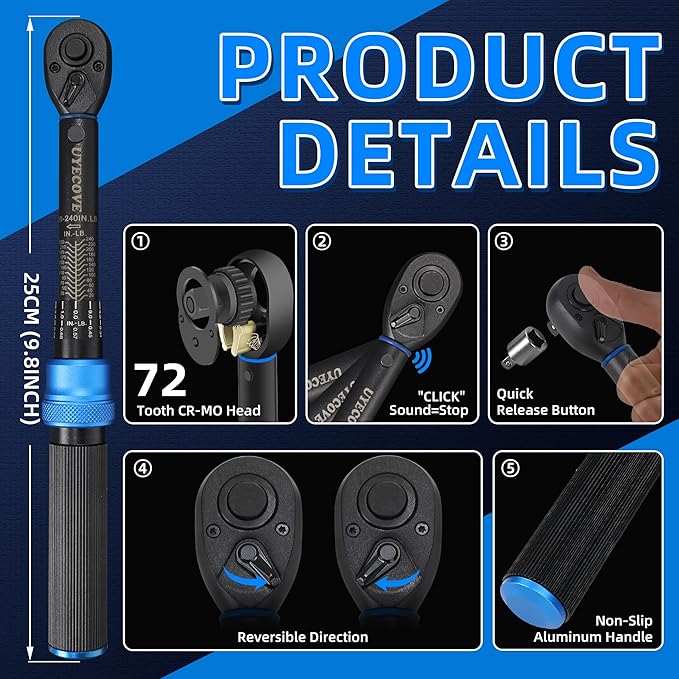 1/4-Inch Drive Click Torque Wrench, Dual-Direction Click Professional Torque Wrench 20-240IN.LB/27.12-325.44N.M, Dual Range Scales Graduated in IN.LB and N.M, Blue