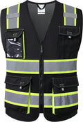 JKSafety Hi Vis Reflective Safety Vests for Men Women High Visibility Vest with Pockets Mesh Fabric Construction Safety Apparel Neon Vest for Work (220-Black L)