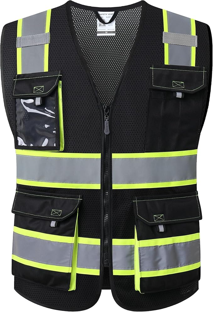 JKSafety Hi Vis Reflective Safety Vests for Men Women High Visibility Vest with Pockets Mesh Fabric Construction Safety Apparel Neon Vest for Work (220-Black 3XL)