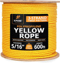 Yellow Twisted Polypropylene Rope, 5/16" Thickness x 600' Length Heavy Duty Poly Ropes for Outdoor and Marine Use, Yellow Rope for Visibility & Safety