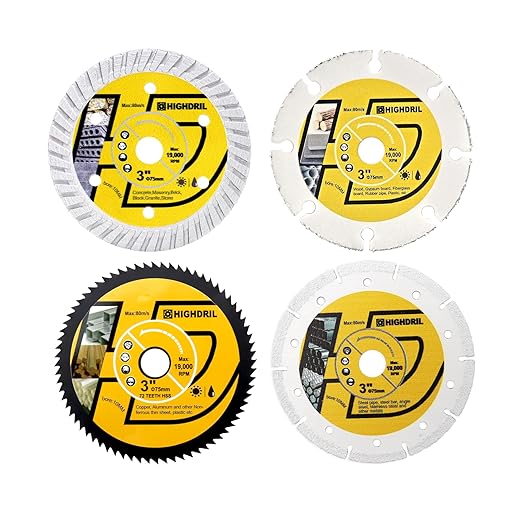 HIGHDRIL 3" 75mm Circular Saw Blade Set 4pcs - Diamond/HSS/Carbide Cutting Disc for Angle Grinder Cutting Concrete Metal Wood Plastic