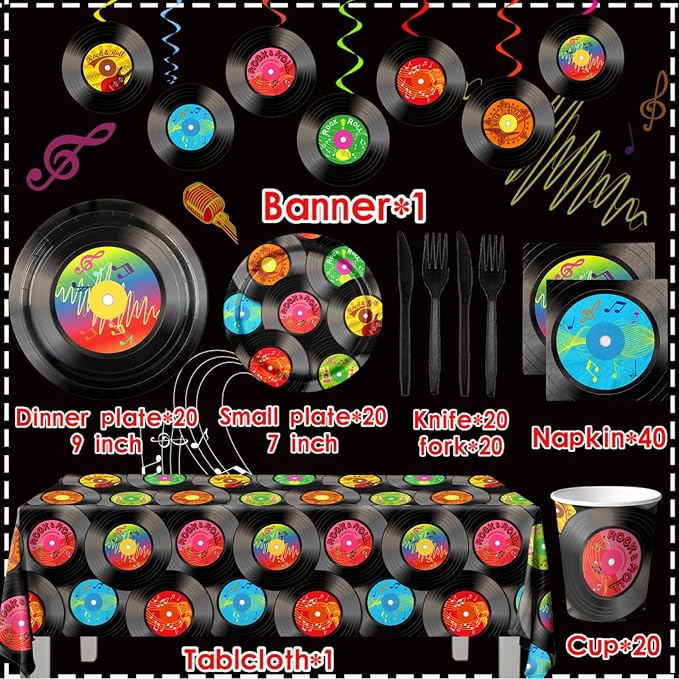 142Pcs Record Theme Tableware Set, Tablecloth, Hanging Swirls Record Banner - Image 5