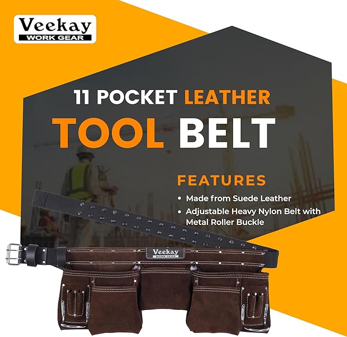VEEKAY Brown Leather Tool Belt 11 Pocket Suede with 2-Inch Wide Nylon Belt & Pouch, Fits 32" to 50" Waist – Durable for Construction, Carpenters, and Framers