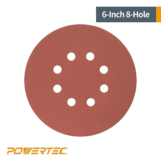 POWERTEC 45108 A/O Hook and Loop 8 Hole Disc, 6-Inch, 80 Grit, 25 PK