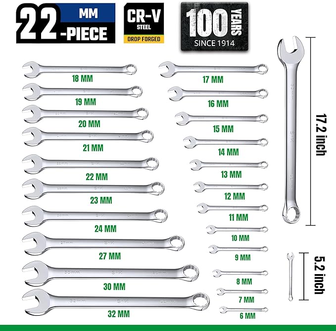 SK Combination Wrench Set, Metric 6 to 32mm, 22-Piece, SuperKrome Finish, Premium CR-V Construction, with Rolling Pouch