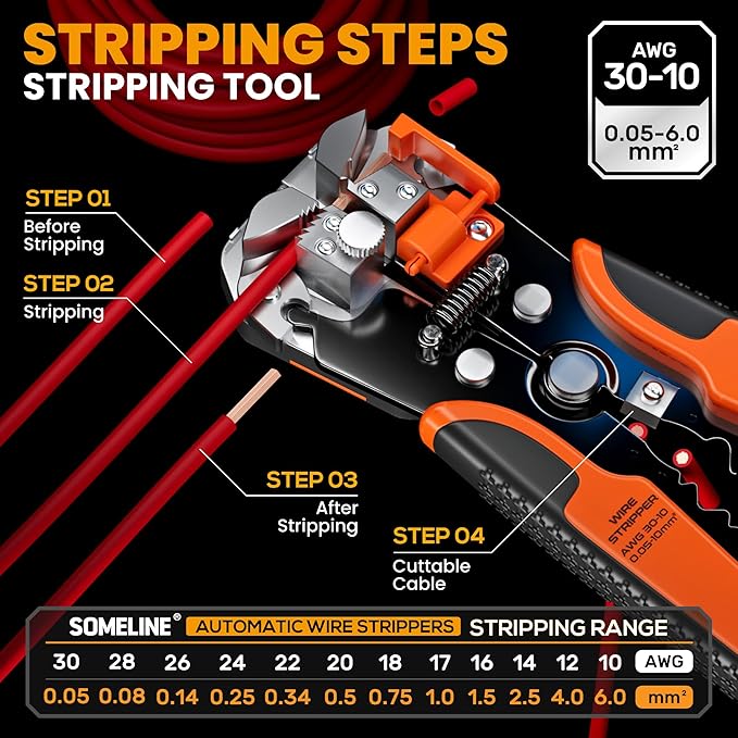 SOMELINE Spade Connector Crimping Tool Kit 24–14 AWG, 40 Types 2.8/4.8/6.3/7.8 mm Quick Disconnect Non-Insulated Connectors and Terminal Housings – Open Barrel Crimping Tool & Automatic Wire Stripper