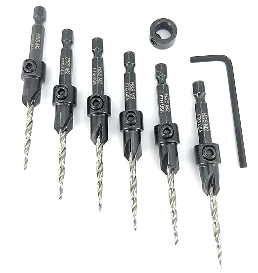 FTG USA Countersink Drill Bit Set for Wood with Tapered Drill Bit 6 Pc #6 (9/64")