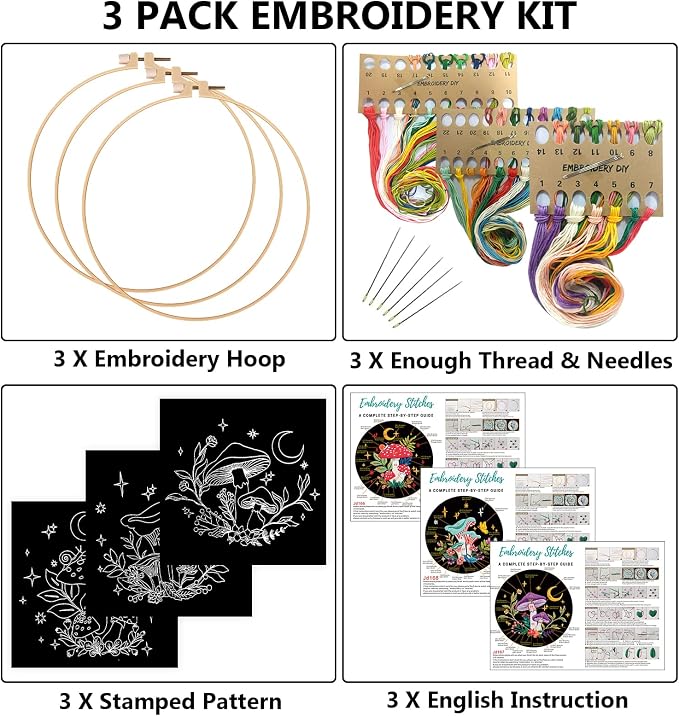 Nuberlic 3 Pack Embroidery Kit for Beginners, Mushroom Cross Stitch Kit | - Image 2