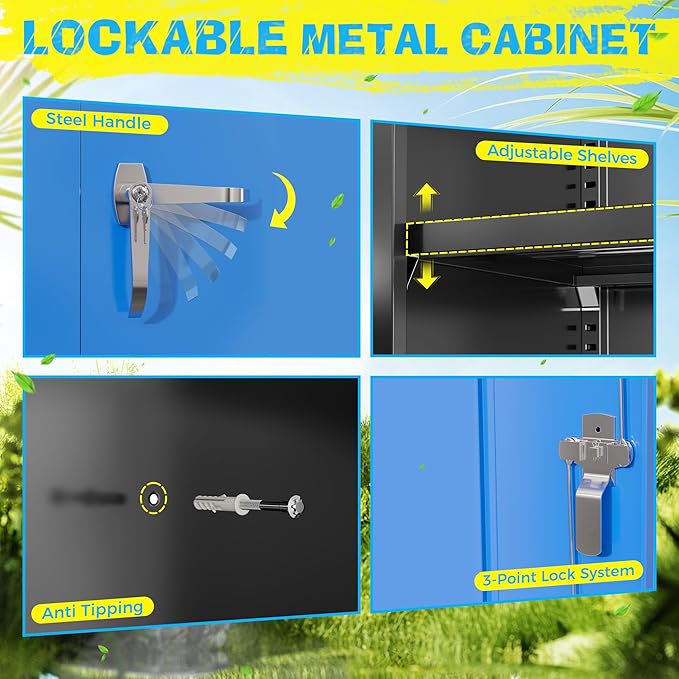 Pataku Metal Storage Cabinet, 71" Garage Cabinet with Doors and Shelves Lockable Steel Multifunctional Cabinets, File Cabinets for Home, Office, Garage, Warehouse(Dark Blue)