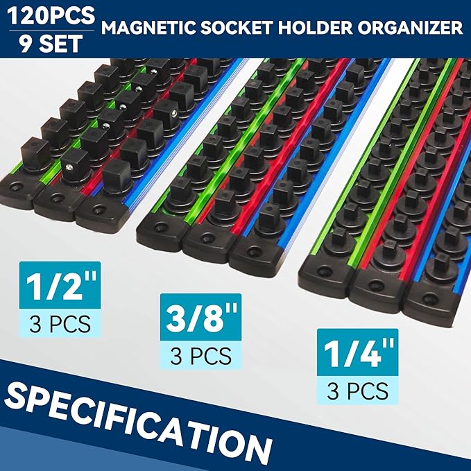 Magnetic Socket Holder Organizer Set - 9-Piece Detachable Trays for 1/4", 3/8", 1/2" Sockets, 120-Piece Toolbox Drawer Organizer, Aluminum Alloy Garage Storage for Mechanics & DIY (Red/Blue/Green)