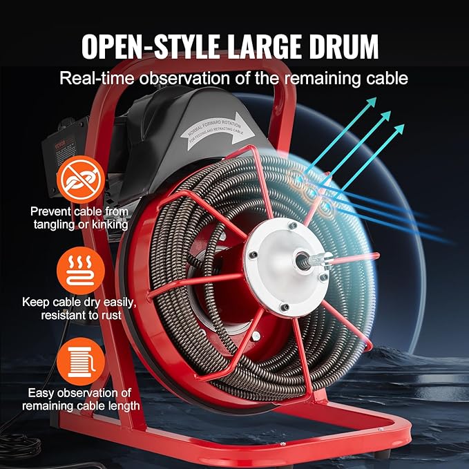 VEVOR Drain Cleaner Machine 75FT x 1/2 Inch, Sewer Snake Auger Manual Feed, 370W Electric Drain Cleaning Machine with 4 Cutters & Air-activated Foot Switch for 2" to 4" Pipes