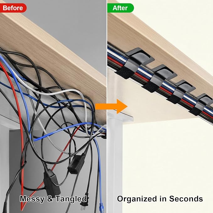 Cable Management Under Desk, 60 Pair Cord Organizer Straps | Reusable hook and - Image 2