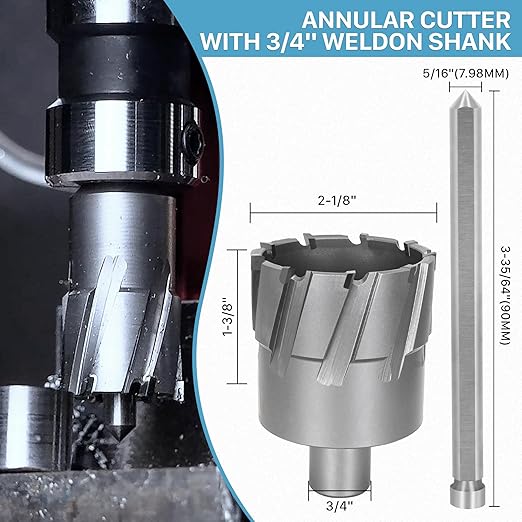 KEENTECH Carbide-Tipped Annular Cutter, 2-1/8" Diameter x 1-3/8" Depth, 3/4" Weldon Shank (2 Flat), High Speed Cutting TCT Mag Drill Bit with Pilot Pin for Harder Material, Stainless Steel, Cast Iron