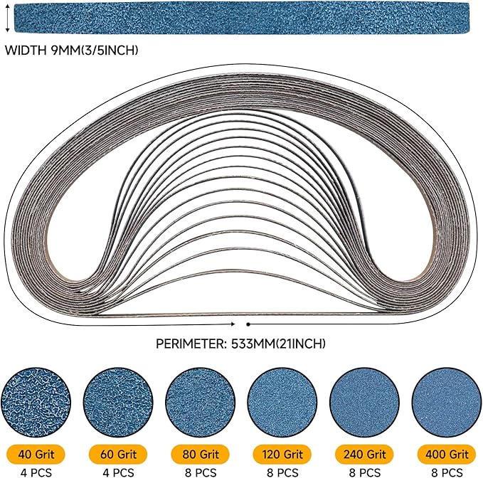 40-Piece 3/8 x 21 Inch 40-400 Grit Zirconia Sanding Belts, Heavy Duty Long-lasting Mini Sanding Bands for Belt Sander, Rust Paint Removal, Wood Metal Grinding and Finishing