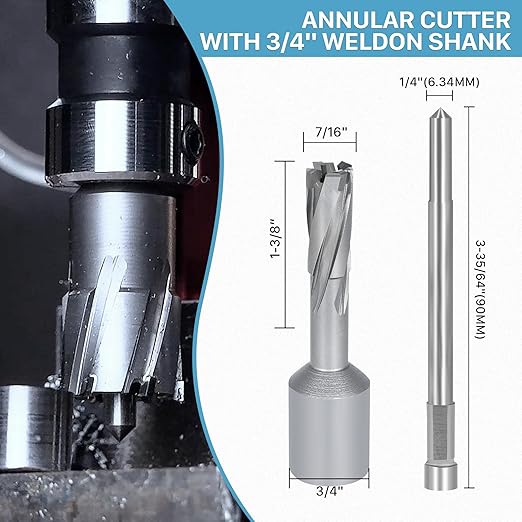 KEENTECH Carbide-Tipped Annular Cutter, 7/16" Diameter x 1-3/8" Depth, 3/4" Weldon Shank (2 Flat), High Speed Cutting TCT Mag Drill Bit with Pilot Pin for Harder Material, Stainless Steel, Cast Iron