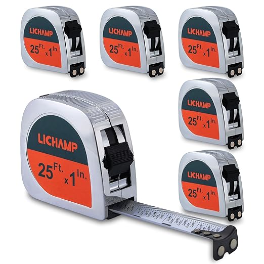 LICHAMP Tape Measure 25 ft with Magnetic, 6 Pack Bulk Easy Read Chrome Measuring Tape Retractable with Fractions 1/8, Measurement Tapes 25-Foot by 1-Inch, Square