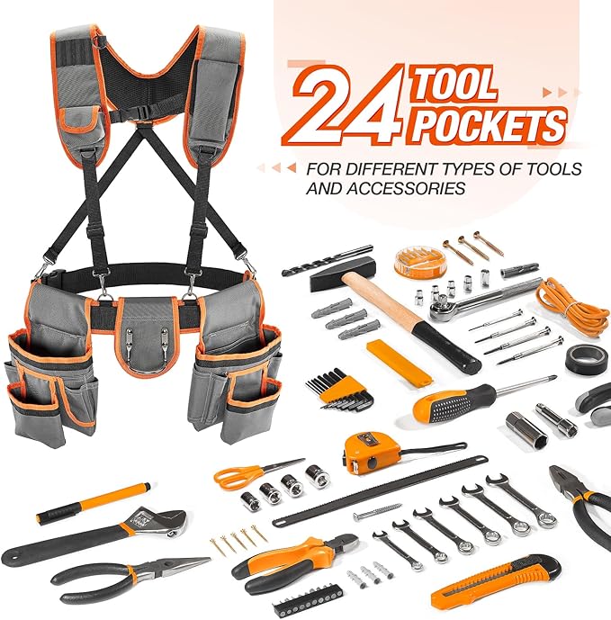 Tool Belt with Suspenders, Heavy-Duty 24-Pocket Work Belt for Electrician, Carpenter, Construction, Detachable & Adjustable Tool Pouch Bag for Men -Fits Waists 33"-48"