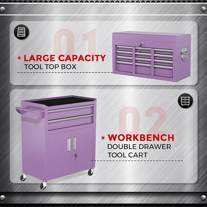 INTERGREAT Tool Chest, Assembled 8-Drawers Rolling Tool Chest with Wheels, Detachable Top Tool Box, Tool Cabinet for Repair Room,Warehouse, Rolling Tool Box with Hooks,Tray Divider,Liners(Purple)