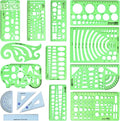 15PCS Geometric Drawings Templates, Transparent Green Plastic Ruler, Drafting by DSUWAZU