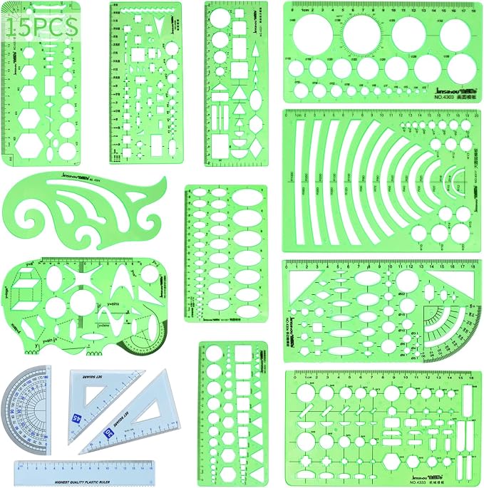 15PCS Geometric Drawings Templates, Transparent Green Plastic Ruler, Drafting by DSUWAZU