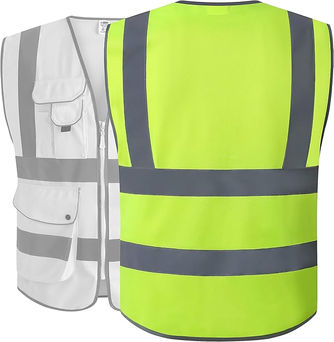 JKSafety 9 Pockets Class 2 High Visibility Zipper Front Safety Vest With Reflective Strips, Yellow Meets ANSI/ISEA Standards (Medium, Yellow)