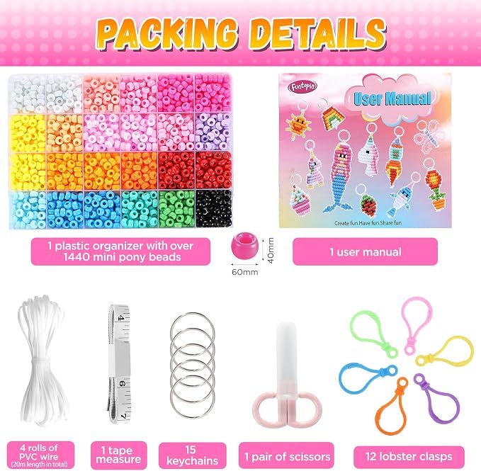 Funtopia Pony Beads Kit for Keychain Making, mini Pony Bead Pets for Kids - Image 6