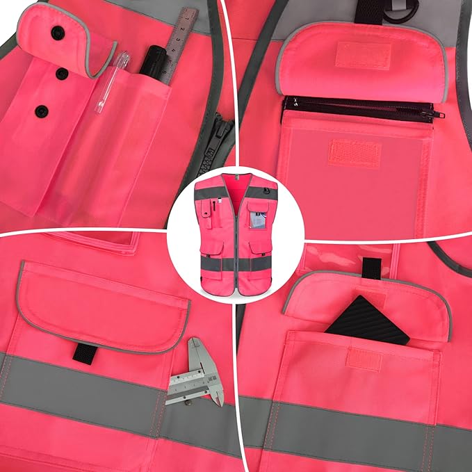 TCCFCCT Safety Vest 9 Pockets High Visibility Reflective Safety Vest for Men Women, Hi Vis Work Vest with Reinforced Sewing, Durable to Use, Meets ANSI/ISEA Standards, (Pink, 3X-Large)